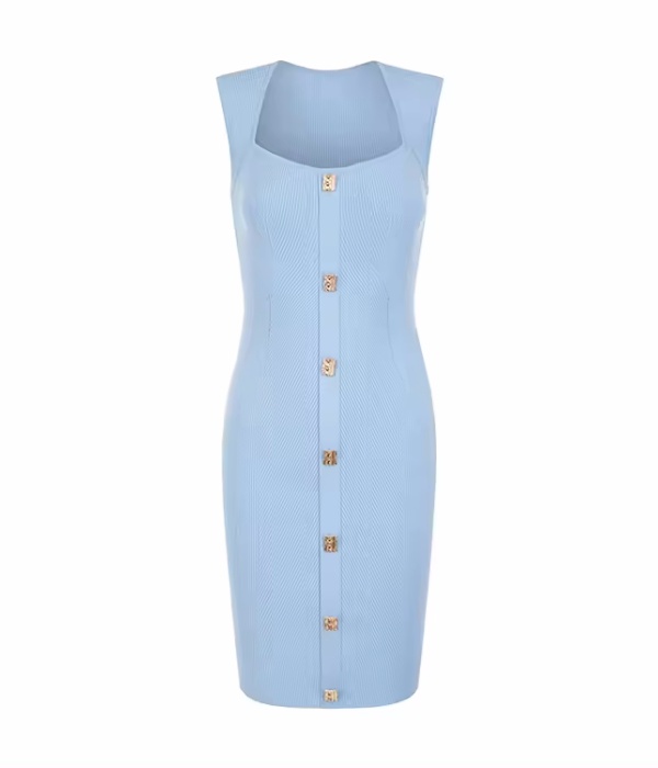 Knitwear manufacturers custom summer light blue square neck sleeveless elegant casual sundress women knit sweater dress
