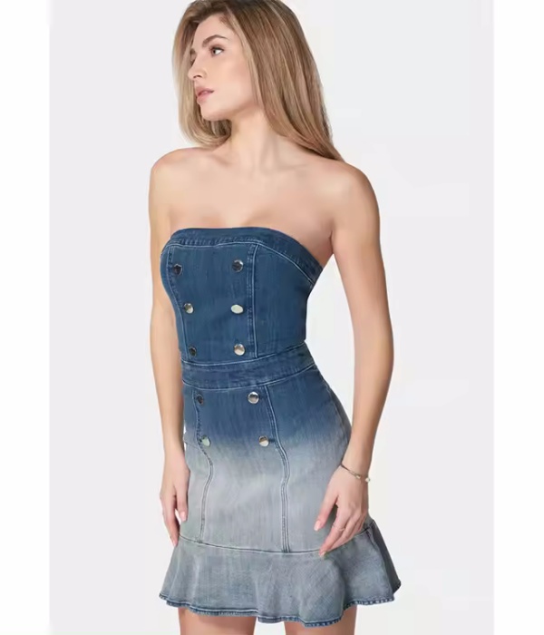 Summer Casual Sexy Button-Decorated Chest Wrap Dress Strapless Sleeveless Summer Casual Sexy Ruffled Denim Dress